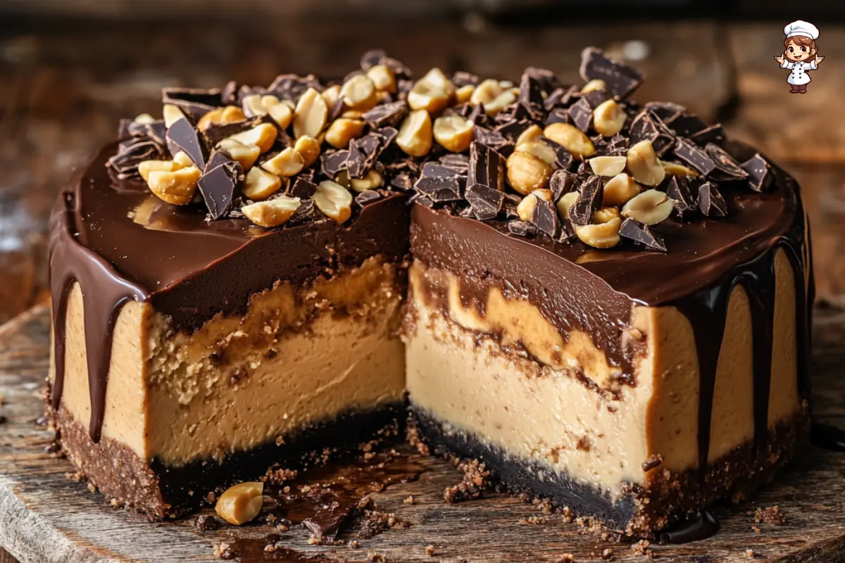 Chocolate double fudge peanut butter cheesecake with rich layers of chocolate and peanut butter topping.