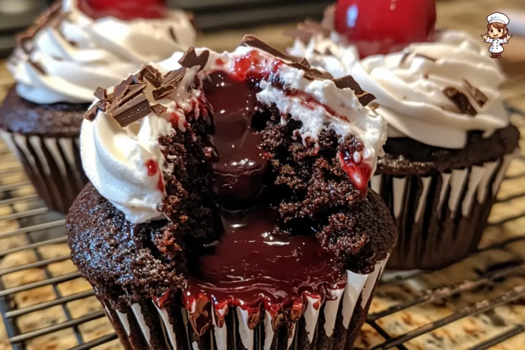 Black Forest Cupcakes with moist chocolate cake, cherry filling, whipped cream, and a whole cherry on top.