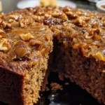 Moist and naturally sweet date cake topped with date syrup and walnuts.