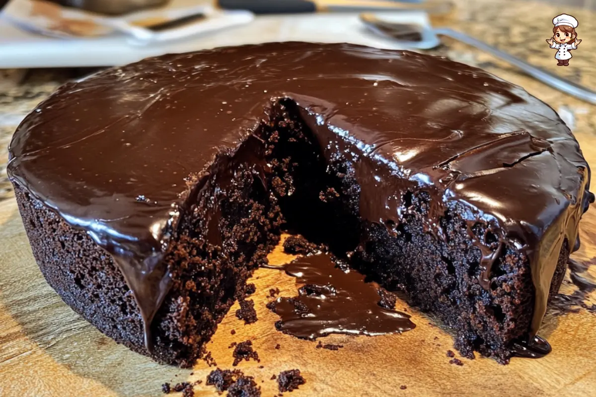 A rich, moist Italian Chocolate Cake topped with glossy chocolate ganache and garnished with fresh berries.