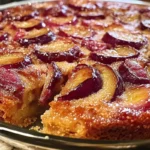 Moist Italian Plum Cake with a cinnamon-sugar topping, served on a white plate with fresh plums in the background.