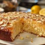 Moist Lemon Coconut Almond Cake with a light glaze of coconut milk and lemon juice, topped with almond slices.