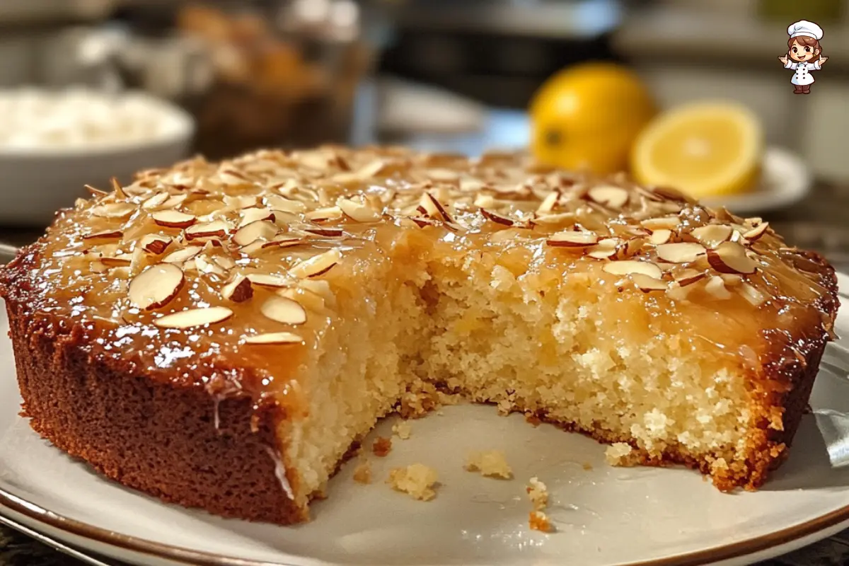 Moist Lemon Coconut Almond Cake with a light glaze of coconut milk and lemon juice, topped with almond slices.