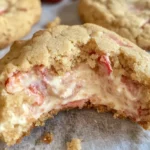 Freshly baked strawberry cheesecake cookies with a golden crust, gooey cream cheese filling, and chunks of fresh strawberries