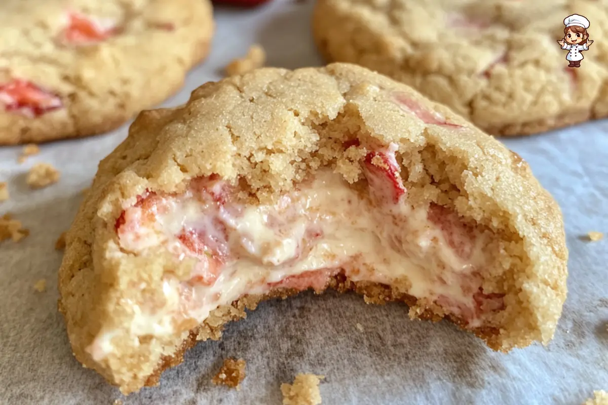 Freshly baked strawberry cheesecake cookies with a golden crust, gooey cream cheese filling, and chunks of fresh strawberries