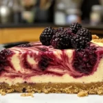 Blackberry cheesecake topped with fresh blackberries, with a creamy texture and a graham cracker crust.