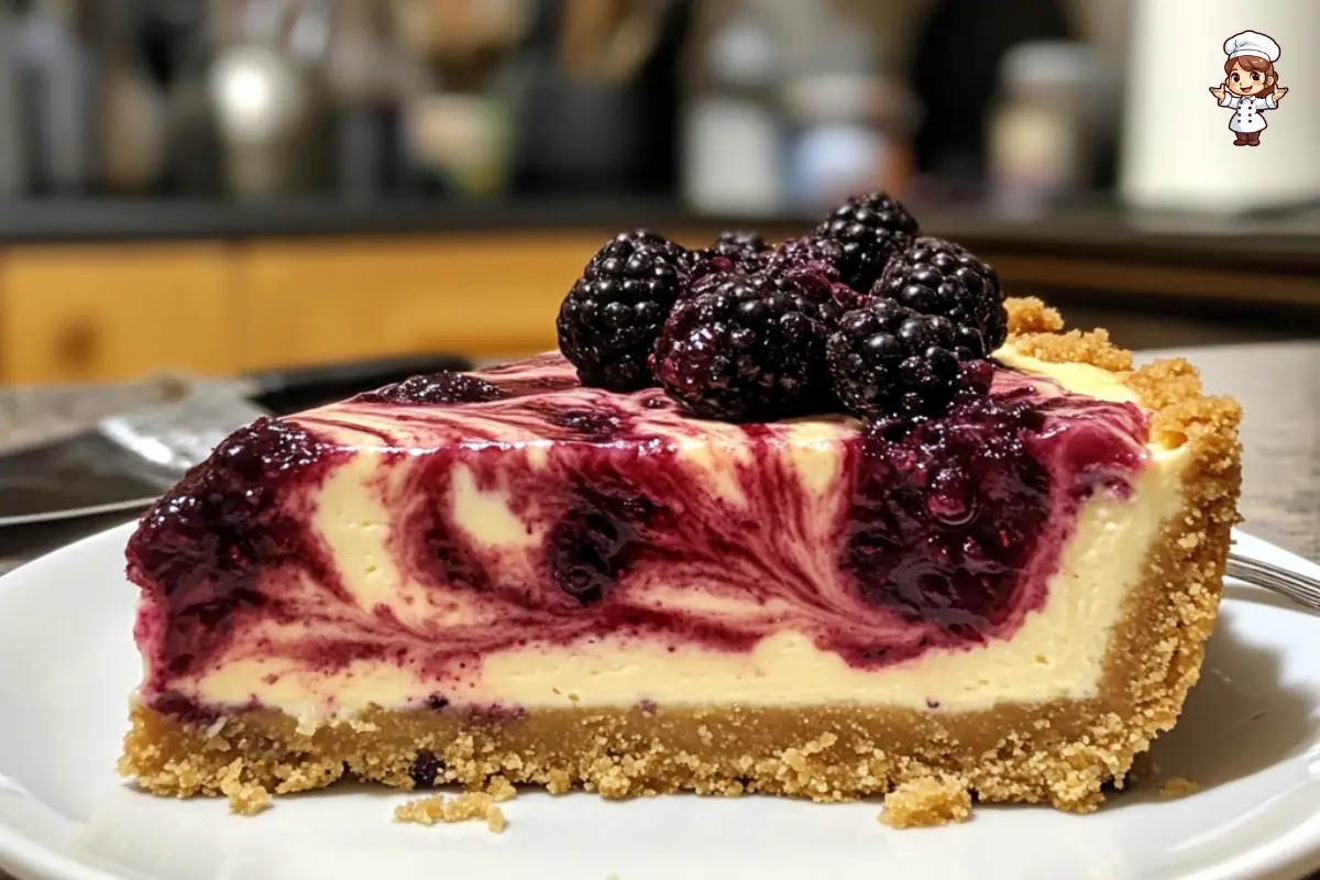 Blackberry cheesecake topped with fresh blackberries, with a creamy texture and a graham cracker crust.