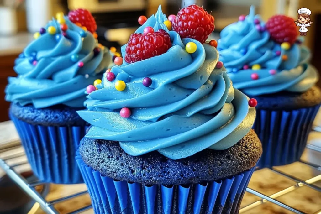 Vibrant and fun blue cupcakes decorated with frosting, sprinkles, and fresh berries.