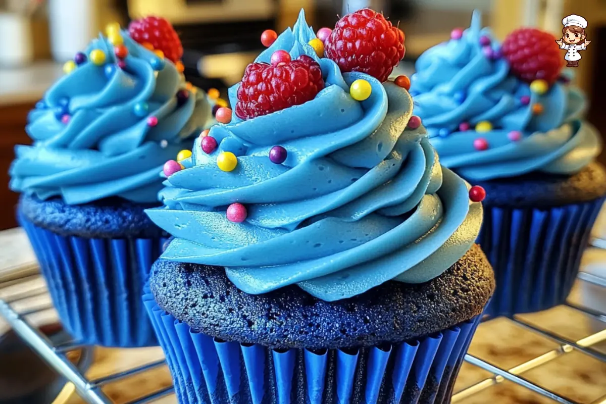 Vibrant and fun blue cupcakes decorated with frosting, sprinkles, and fresh berries.