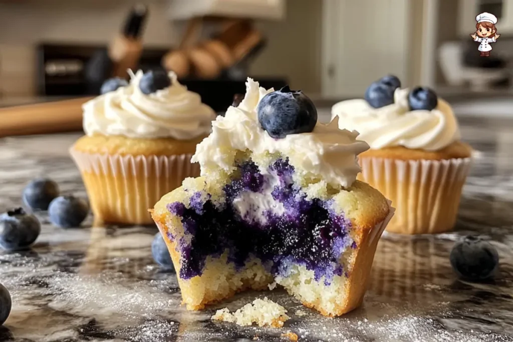 Delicious blueberry cupcakes topped with cream cheese frosting and fresh blueberries.