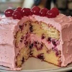 Homemade cherry chip cake with cherry-almond buttercream, garnished with maraschino cherries.