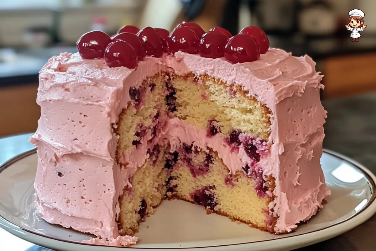 Homemade cherry chip cake with cherry-almond buttercream, garnished with maraschino cherries.