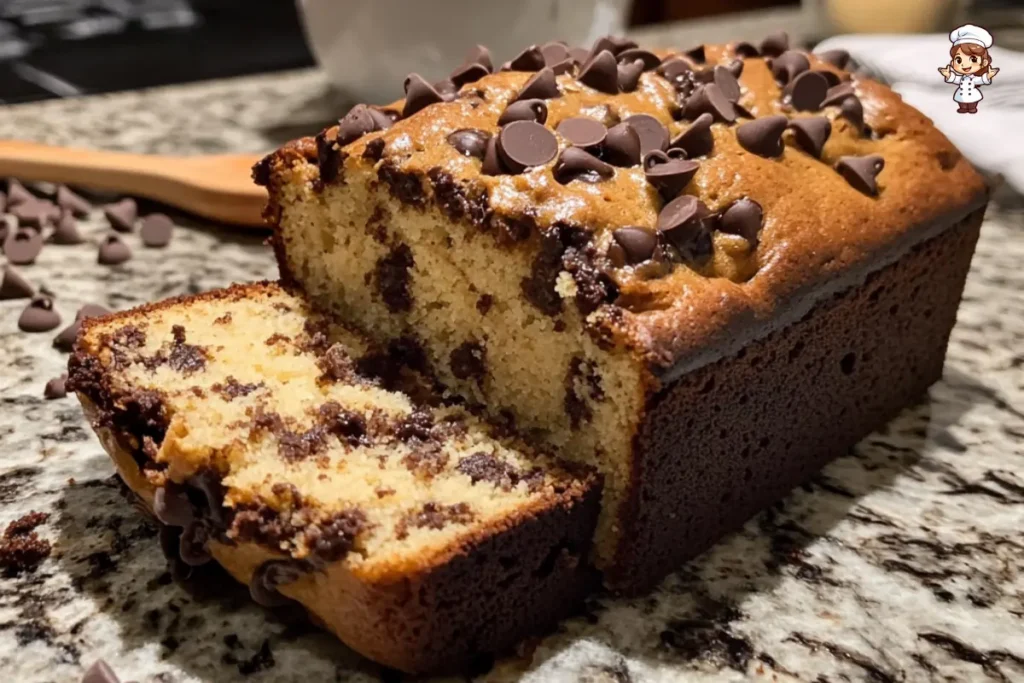 Chocolate chip loaf cake with rich, buttery texture and chocolate chips