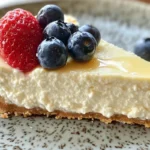 Healthy cottage cheese cheesecake with a gluten-free crust and fresh fruit topping, perfect for a protein-packed dessert.