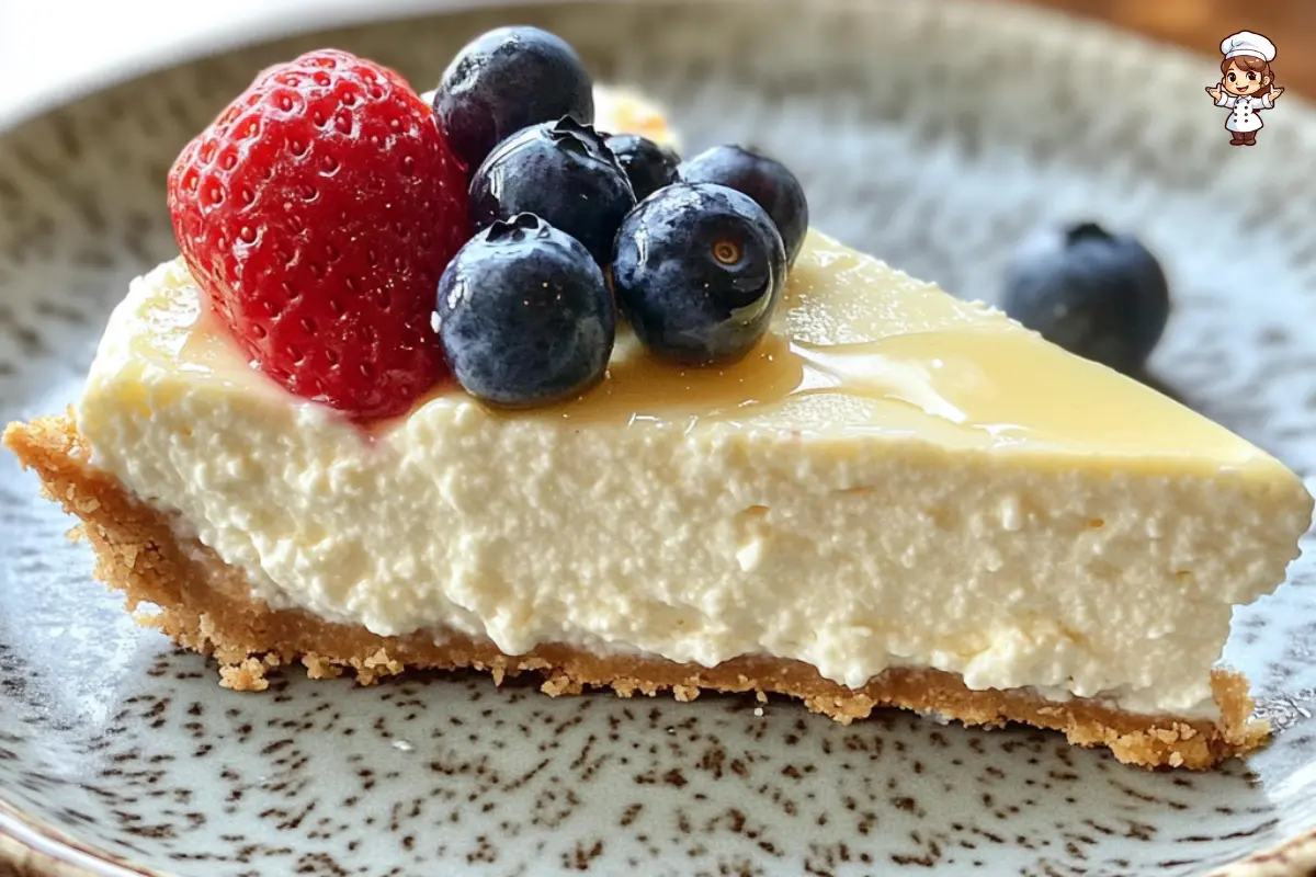 Healthy cottage cheese cheesecake with a gluten-free crust and fresh fruit topping, perfect for a protein-packed dessert.