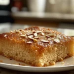 Farina Basbousa Recipe with Yogurt – A Soft & Moist Semolina Cake topped with almonds and soaked in syrup.