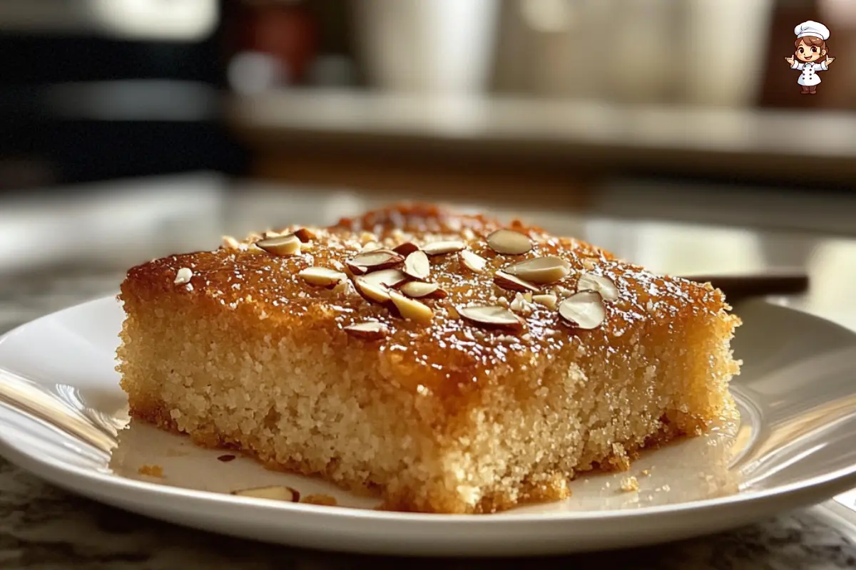 Farina Basbousa Recipe with Yogurt – A Soft & Moist Semolina Cake topped with almonds and soaked in syrup.