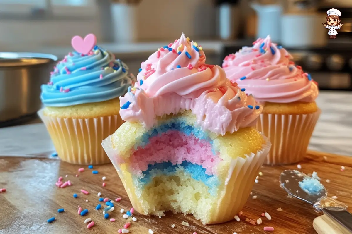 Gender Reveal Cupcakes with pink and blue frosting, perfect for a baby shower or gender reveal party.