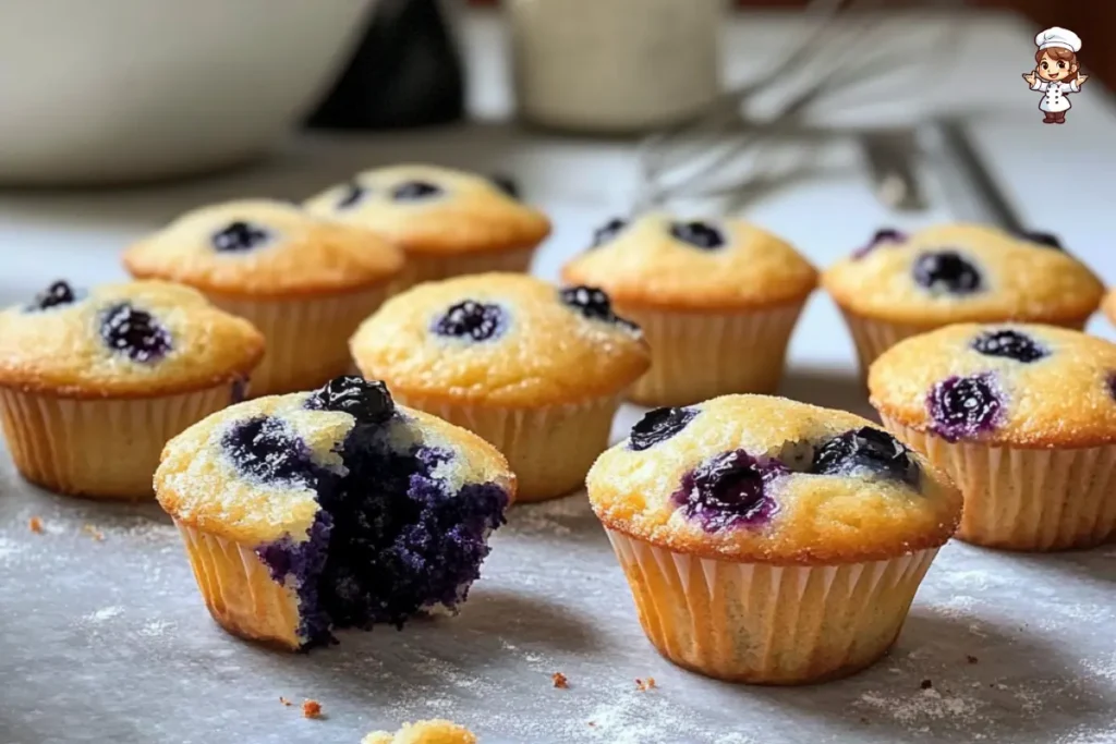 Mini blueberry muffins freshly baked, golden-brown with juicy blueberries.