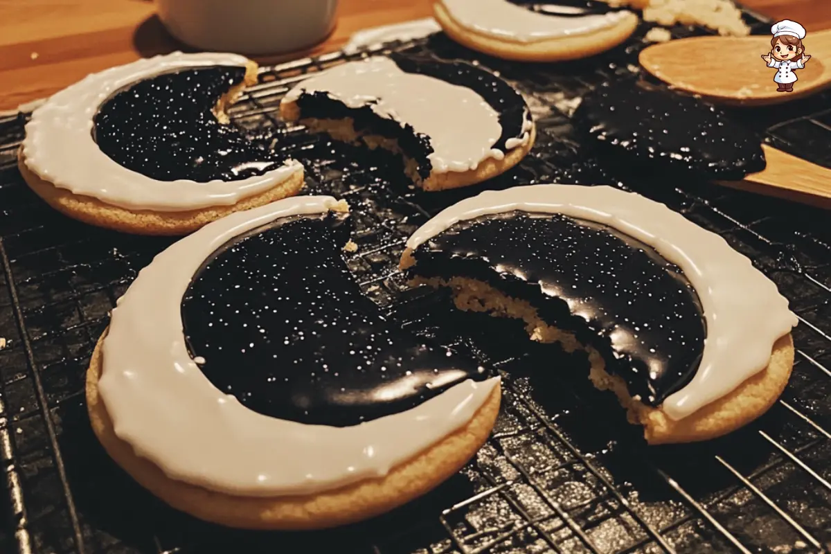 Moon cookies decorated to represent the lunar phases with white icing and black food coloring