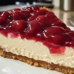 No bake cherry cheesecake with graham cracker crust and cherry topping.