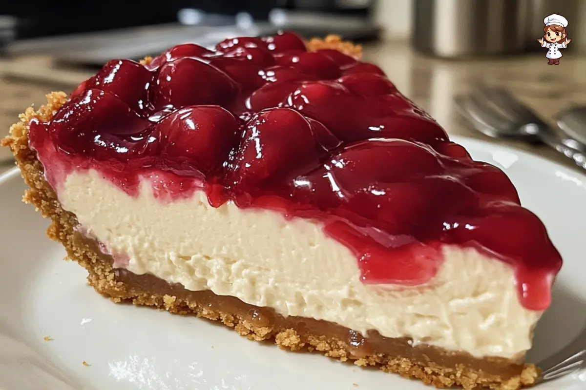 No bake cherry cheesecake with graham cracker crust and cherry topping.