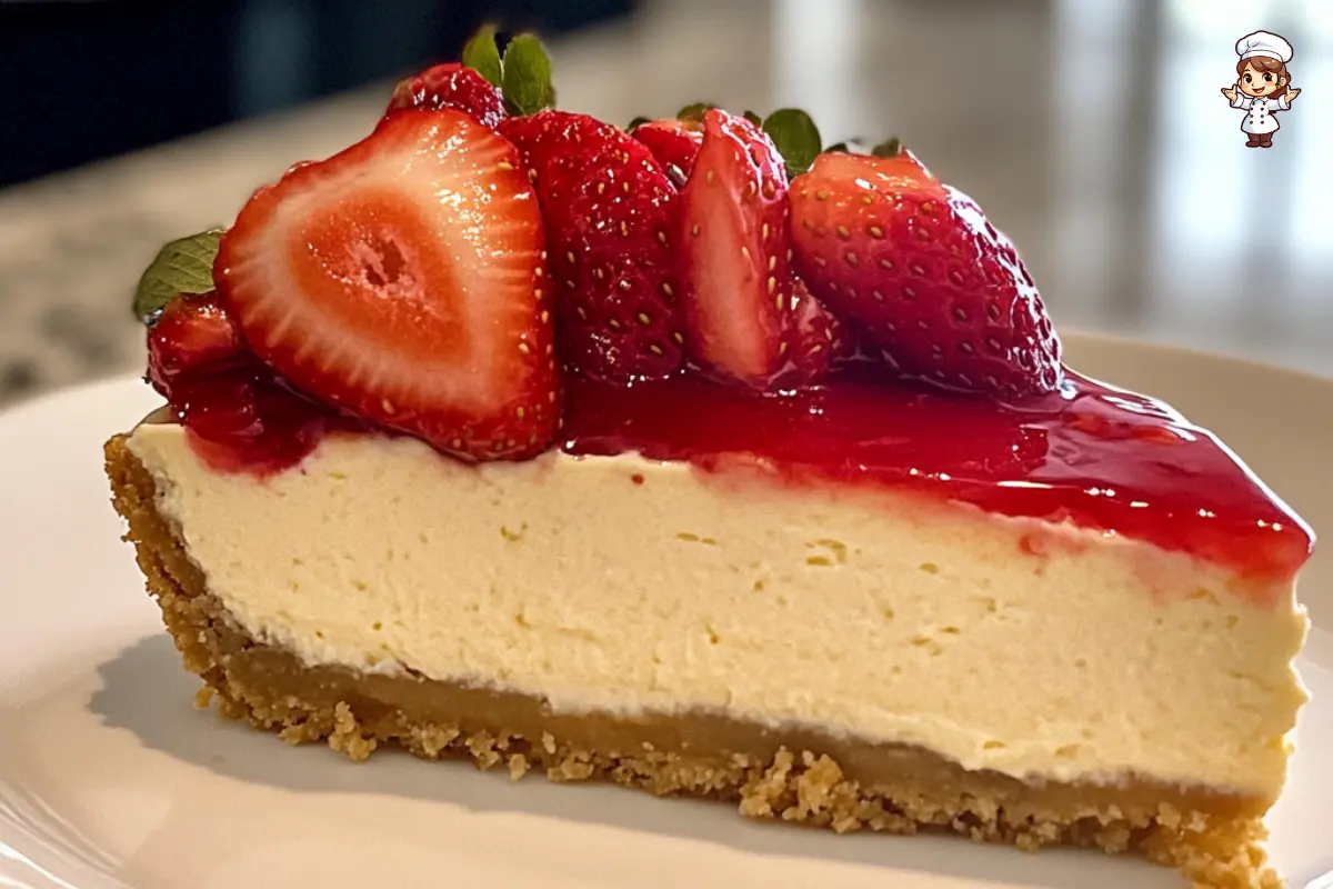 Philadelphia cream cheese cheesecake slice with a graham cracker crust, topped with fresh berries.