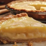 A golden-brown water pie with a flaky crust, served on a rustic wooden table, with a slice revealing a creamy, custard-like filling.