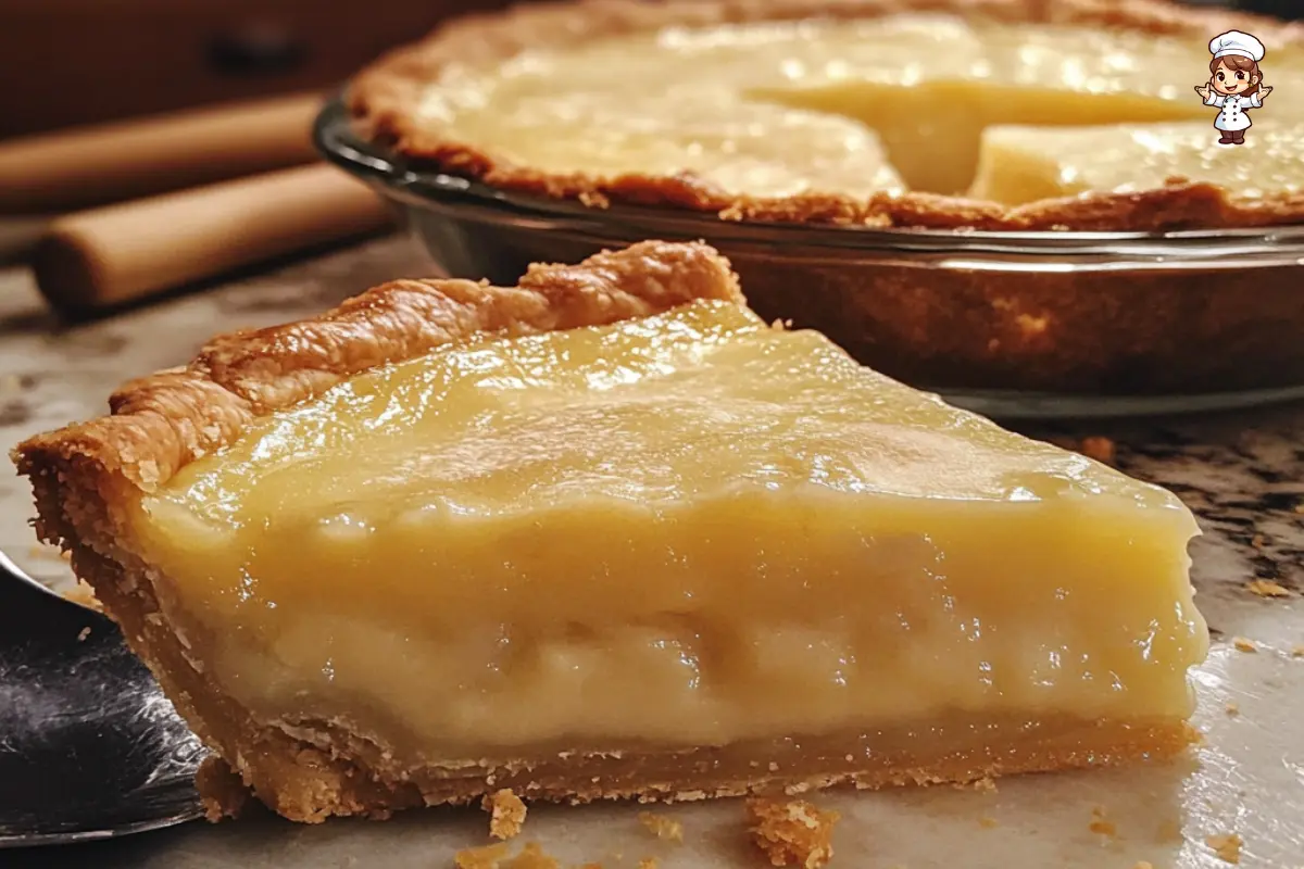 A golden-brown water pie with a flaky crust, served on a rustic wooden table, with a slice revealing a creamy, custard-like filling.