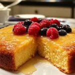 Yogurt cake, light and fluffy with a golden brown top, topped with fresh berries.