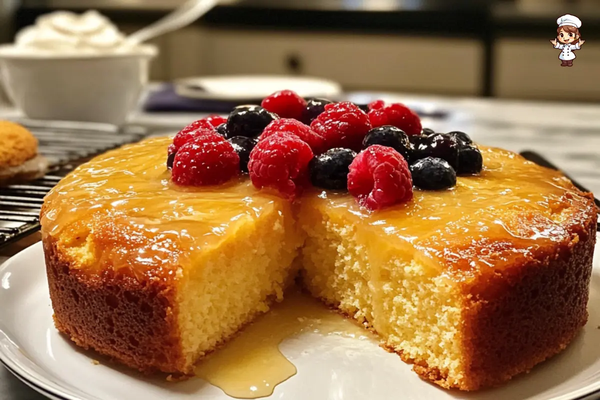 Yogurt cake, light and fluffy with a golden brown top, topped with fresh berries.