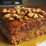 Greek Walnut Cake (Karydopita) with syrup and chopped walnuts.