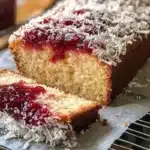 A golden loaf cake topped with raspberry jam and sprinkled with desiccated coconut