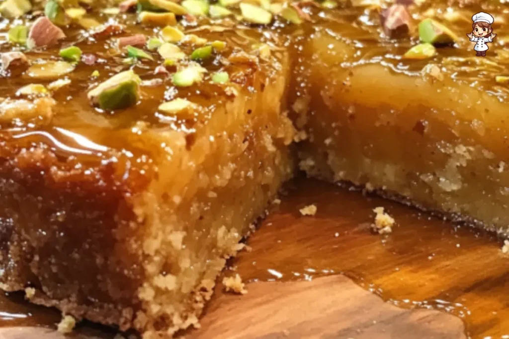 Baklava Almond Cake topped with pistachios and honey syrup, perfect gluten-free dessert for any occasion.