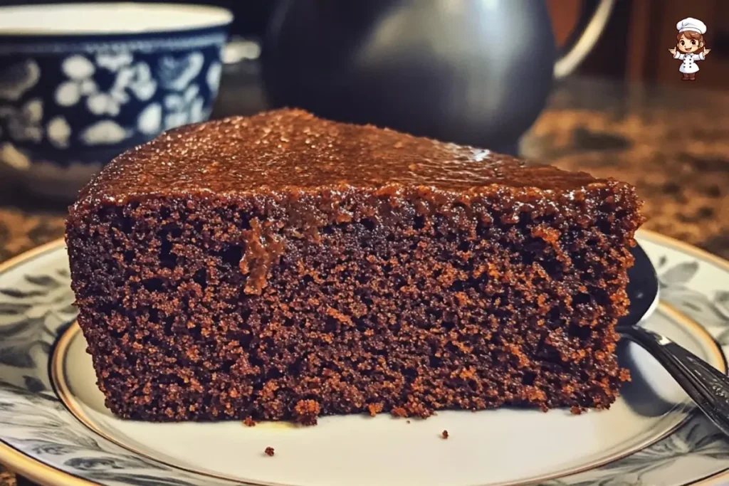 A moist molasses ginger cake sliced and topped with powdered sugar on a rustic wooden plate.