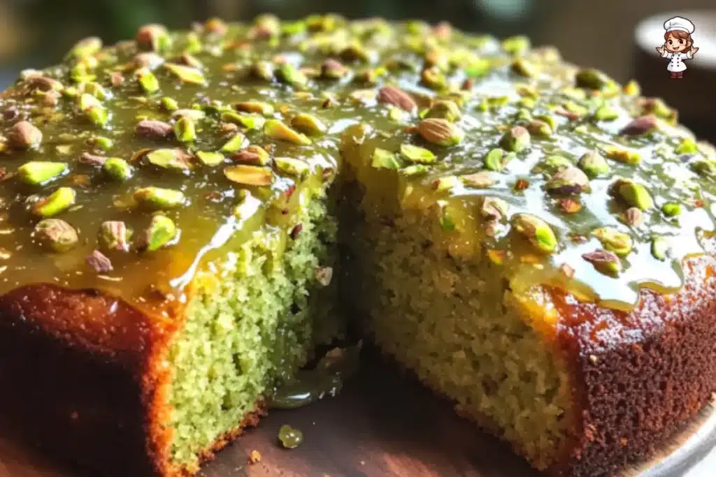 Pistachio Cardamom Cake with honey glaze and pistachio garnish