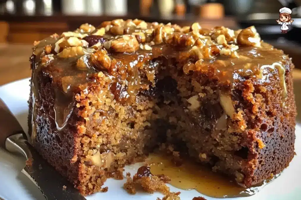 A moist slice of walnut and date cake with a light glaze, showcasing chopped walnuts and soft dates.