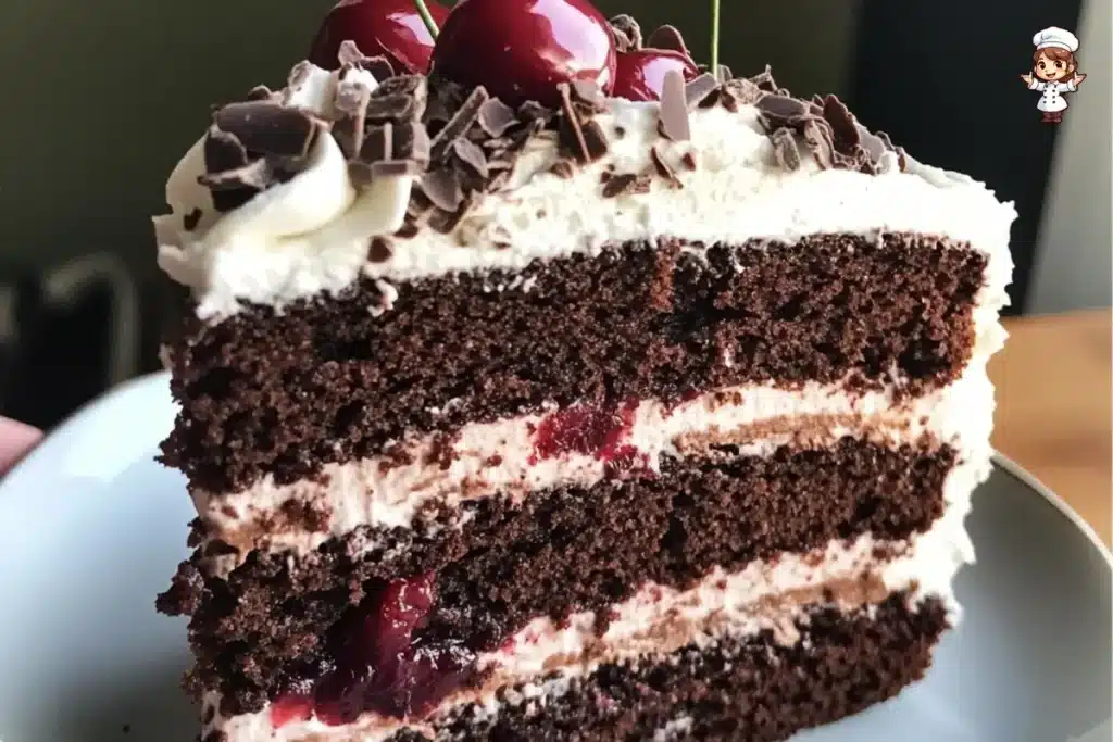 Delicious Black Forest Cake with chocolate layers, whipped cream, and cherries.