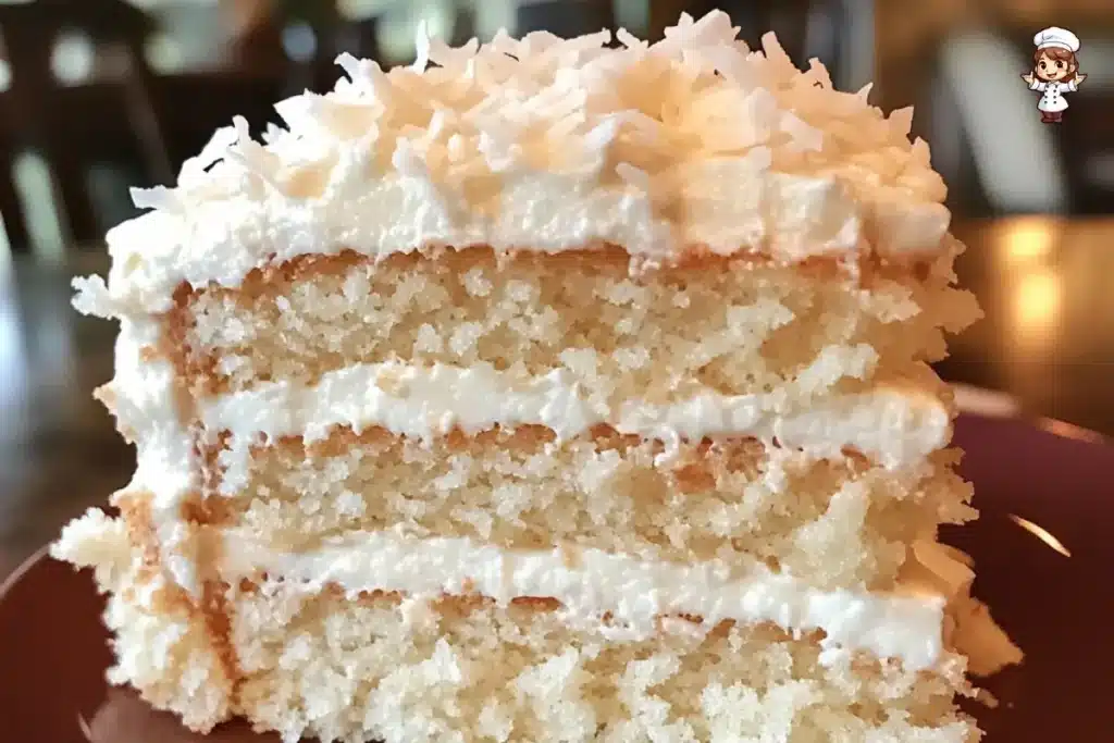 Moist Coconut Cake with coconut cream cheese frosting and shredded coconut topping.