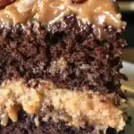 Homemade German Chocolate Cake with coconut-pecan frosting