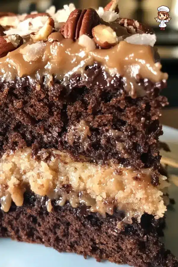 Homemade German Chocolate Cake with coconut-pecan frosting