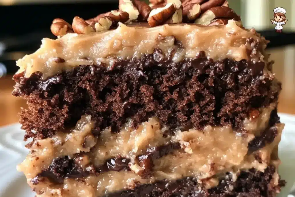 Homemade German Chocolate Cake with coconut-pecan frosting