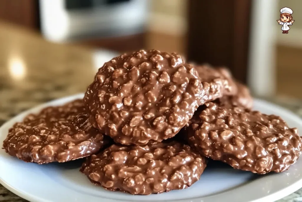 Classic chocolate peanut butter no bake cookies stacked on a tray