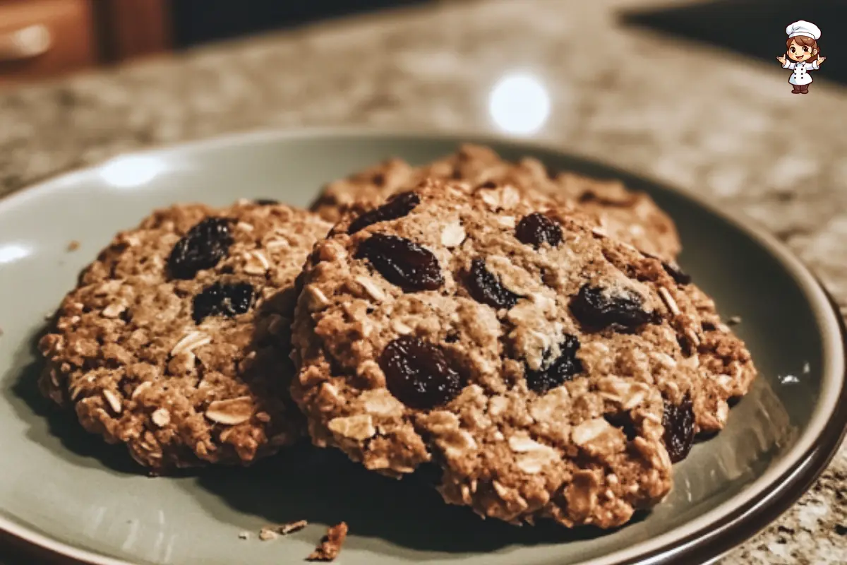 Freshly baked soft and chewy oatmeal raisin cookies on a cooling rack