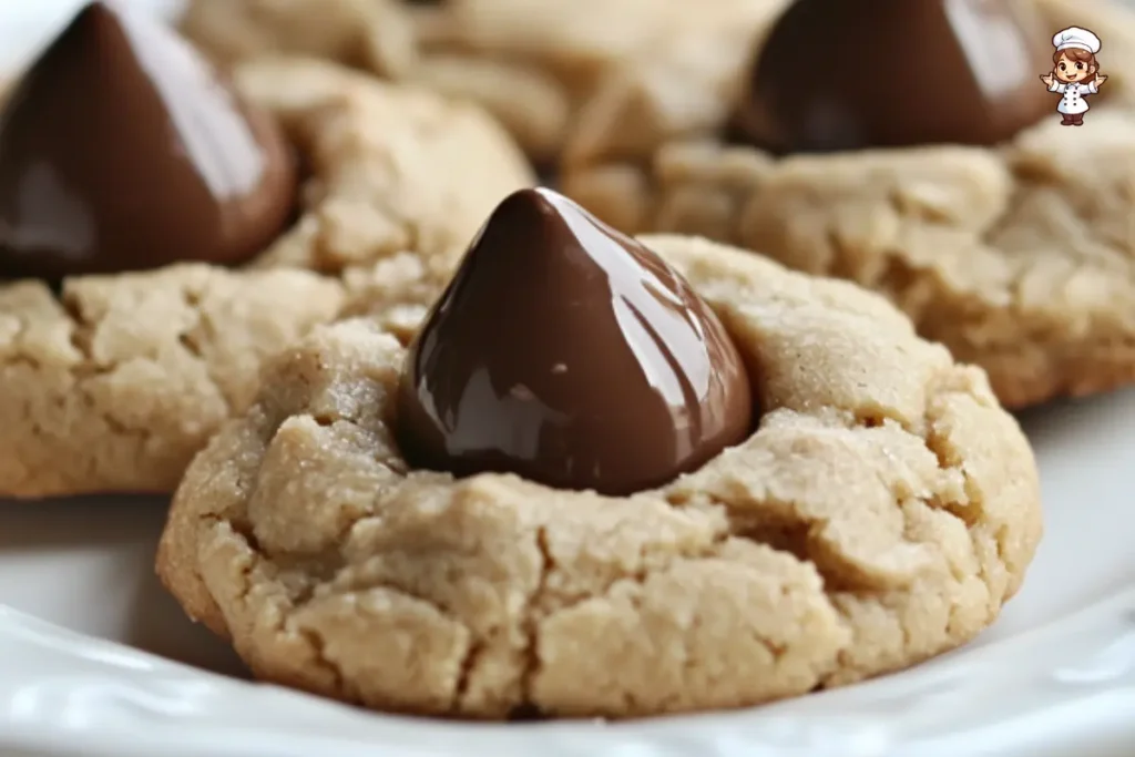 Peanut butter blossom cookies with Hershey’s Kisses on a plate, perfect for the holidays.