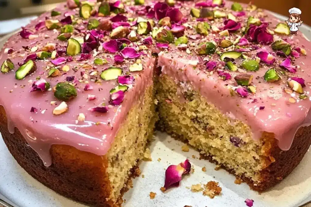 Persian Love Cake with rosewater, cardamom, and pistachios.