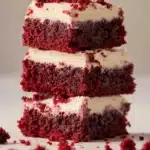 Red Velvet Brownies with cream cheese frosting, garnished with white chocolate chips, served on a plate.
