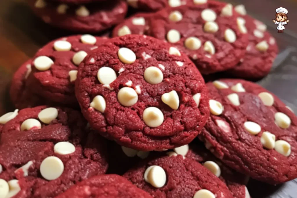 Freshly baked red velvet cookies with white chocolate chips, perfect for Valentine's Day or any special occasion.