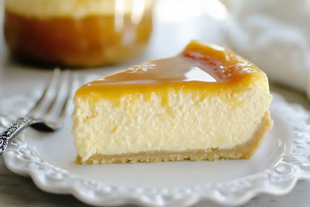 A slice of decadent salted caramel cheesecake topped with a drizzle of caramel and a sprinkle of sea salt.