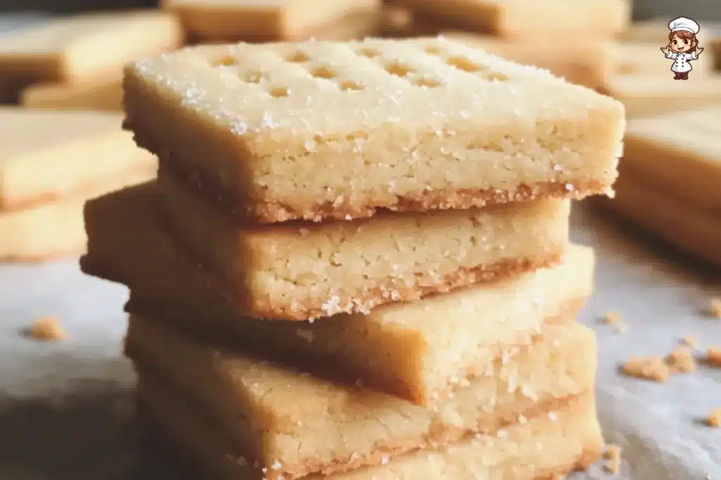 Freshly baked shortbread cookies, golden and crisp, ready to enjoy with tea.
